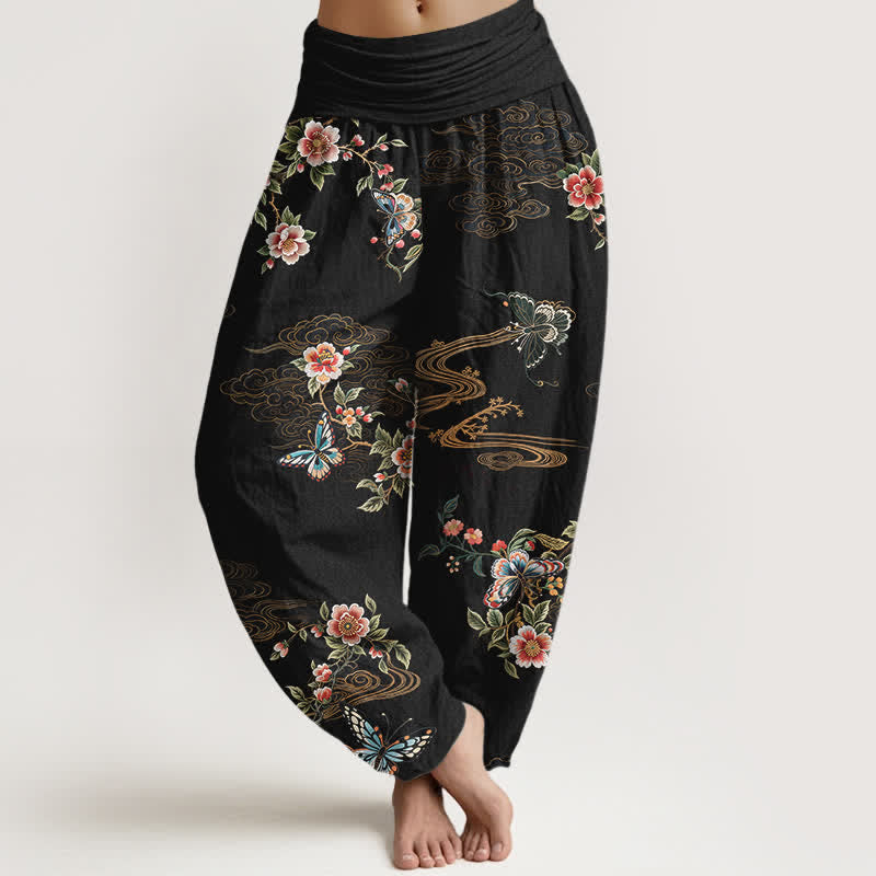Buddha Stones Pantaloni harem da donna in puro cotone con fantasia floreale e farfalle, vita elasticizzata. - Nero - US16, UK/AU20, EU48 (3XL) - image 0