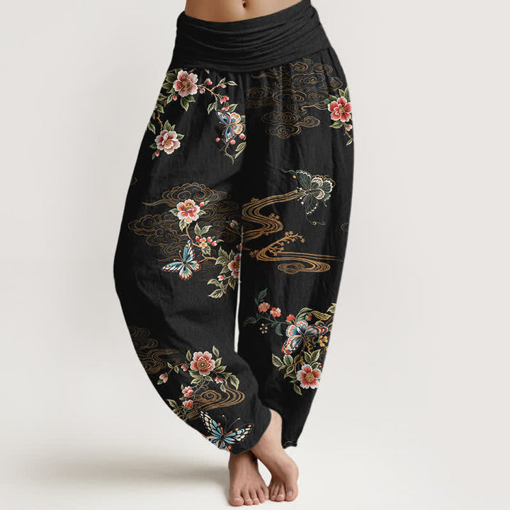 Buddha Stones Pantaloni harem da donna in puro cotone con fantasia floreale e farfalle, vita elasticizzata. - Nero - US16, UK/AU20, EU48 (3XL) - image 0