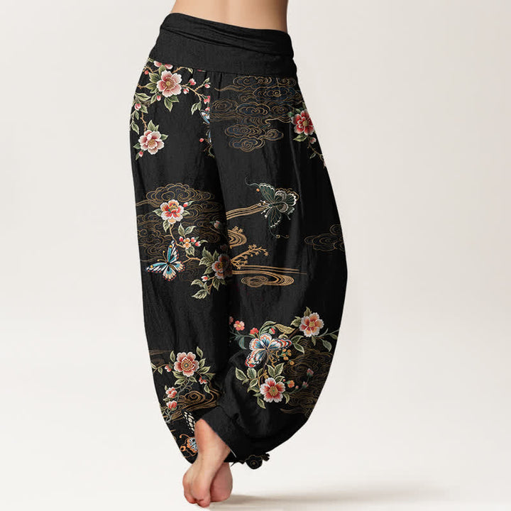 Buddha Stones Pantaloni harem da donna in puro cotone con fantasia floreale e farfalle, vita elasticizzata. - image 1