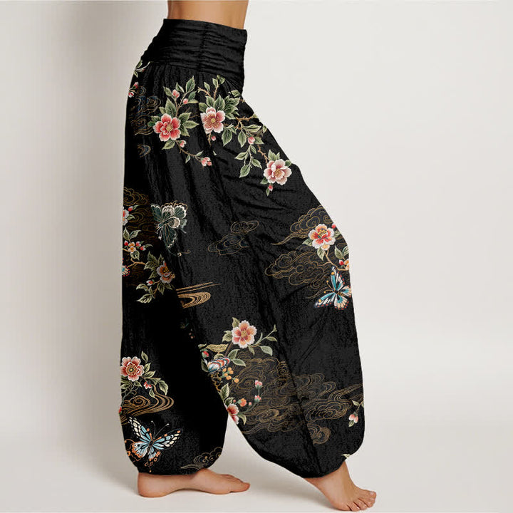Buddha Stones Pantaloni harem da donna in puro cotone con fantasia floreale e farfalle, vita elasticizzata. - image 2