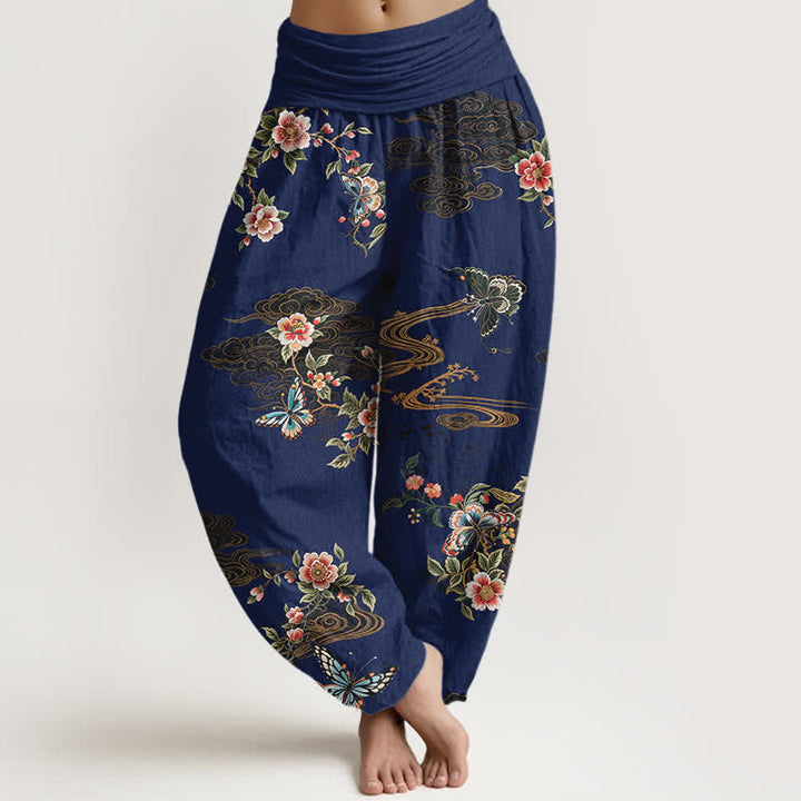 Buddha Stones Pantaloni harem da donna in puro cotone con fantasia floreale e farfalle, vita elasticizzata. - Marina - US16, UK/AU20, EU48 (3XL) - image 5