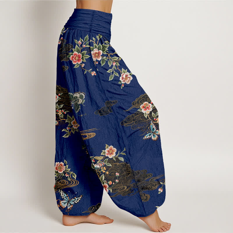 Buddha Stones Pantaloni harem da donna in puro cotone con fantasia floreale e farfalle, vita elasticizzata. - image 7