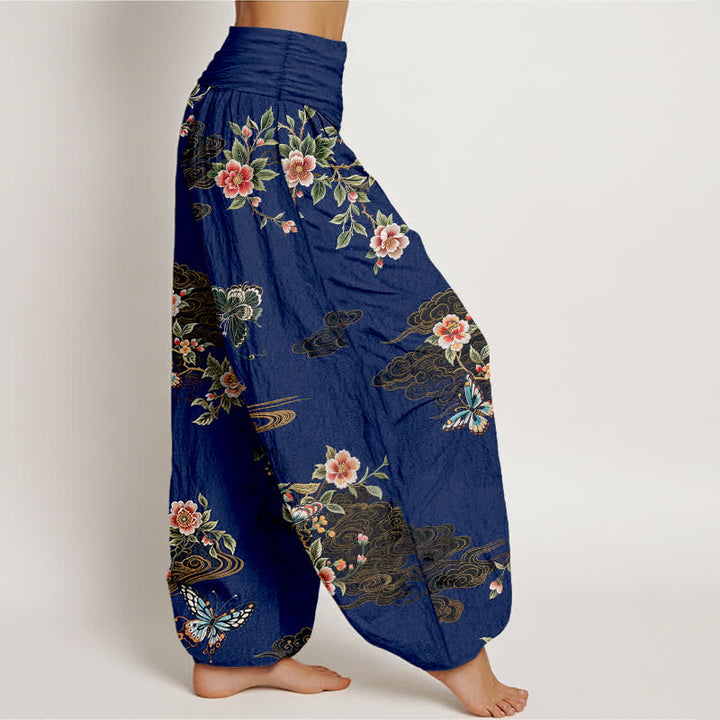 Buddha Stones Pantaloni harem da donna in puro cotone con fantasia floreale e farfalle, vita elasticizzata. - image 7