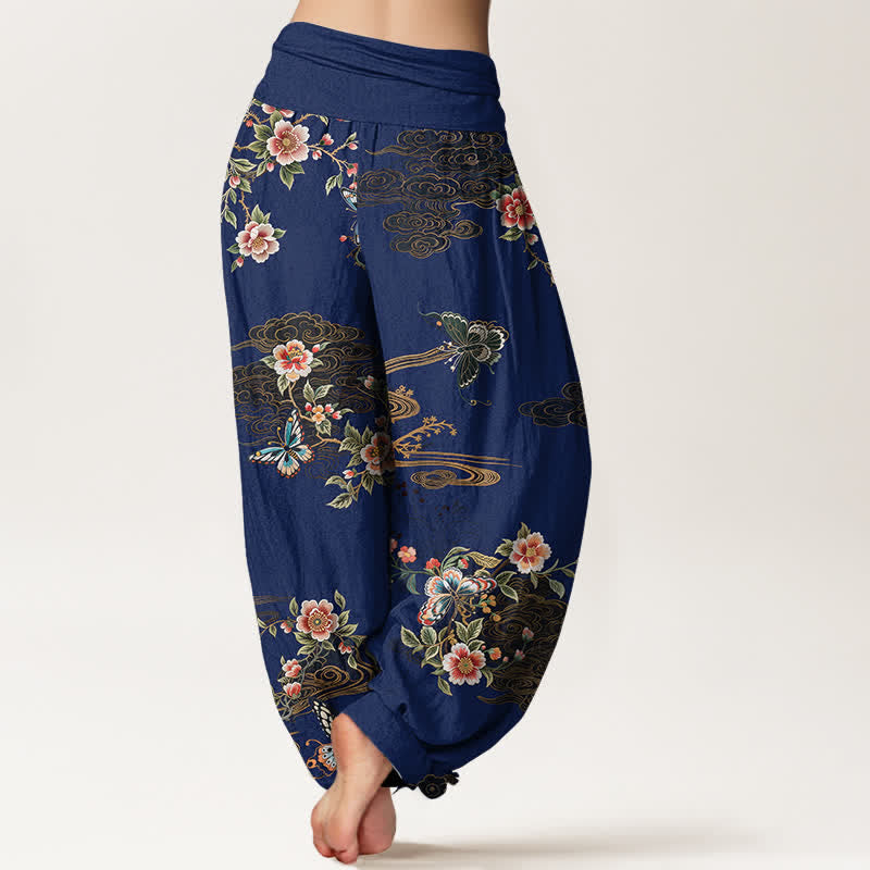 Buddha Stones Pantaloni harem da donna in puro cotone con fantasia floreale e farfalle, vita elasticizzata. - image 6