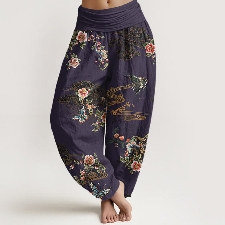 Buddha Stones Pantaloni harem da donna in puro cotone con fantasia floreale e farfalle, vita elasticizzata. - Indaco - US16, UK/AU20, EU48 (3XL) - image 8