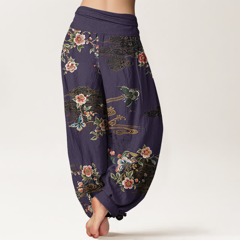 Buddha Stones Pantaloni harem da donna in puro cotone con fantasia floreale e farfalle, vita elasticizzata. - image 9
