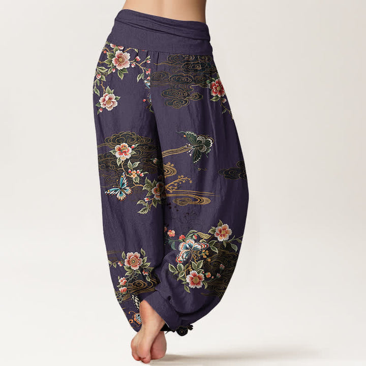 Buddha Stones Pantaloni harem da donna in puro cotone con fantasia floreale e farfalle, vita elasticizzata. - image 9