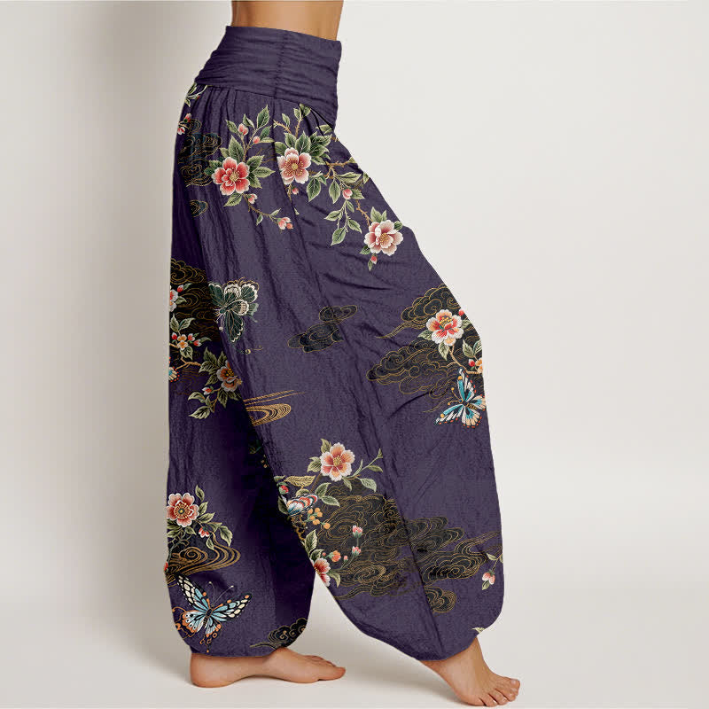 Buddha Stones Pantaloni harem da donna in puro cotone con fantasia floreale e farfalle, vita elasticizzata. - image 10
