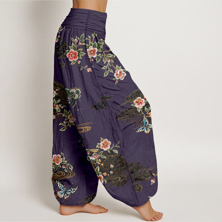 Buddha Stones Pantaloni harem da donna in puro cotone con fantasia floreale e farfalle, vita elasticizzata. - image 10