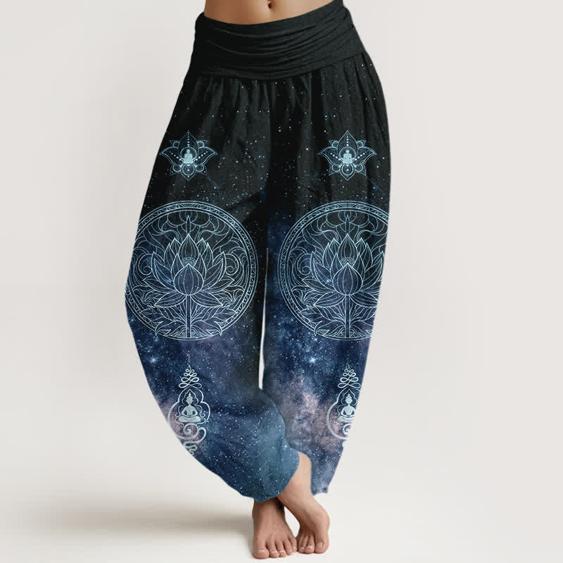 Buddha Stones Pantaloni harem da donna in cotone con motivo mandala di loto celeste e vita elasticizzata. - Blu mezzanotte - US16, UK/AU20, EU48 (3XL) - image 0