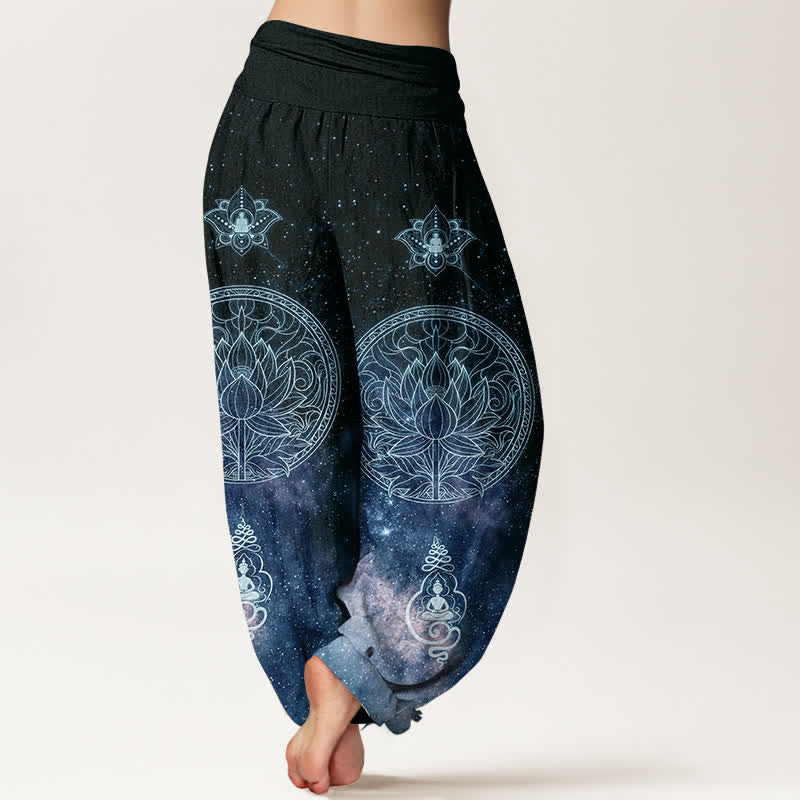 Buddha Stones Pantaloni harem da donna in cotone con motivo mandala di loto celeste e vita elasticizzata. - image 1