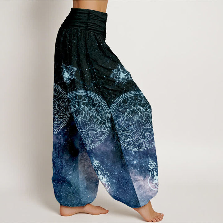 Buddha Stones Pantaloni harem da donna in cotone con motivo mandala di loto celeste e vita elasticizzata. - image 2