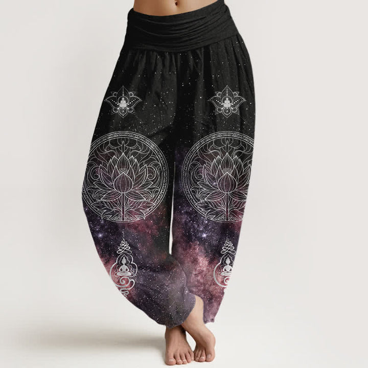 Buddha Stones Pantaloni harem da donna in cotone con motivo mandala di loto celeste e vita elasticizzata. - Prugna - US16, UK/AU20, EU48 (3XL) - image 5