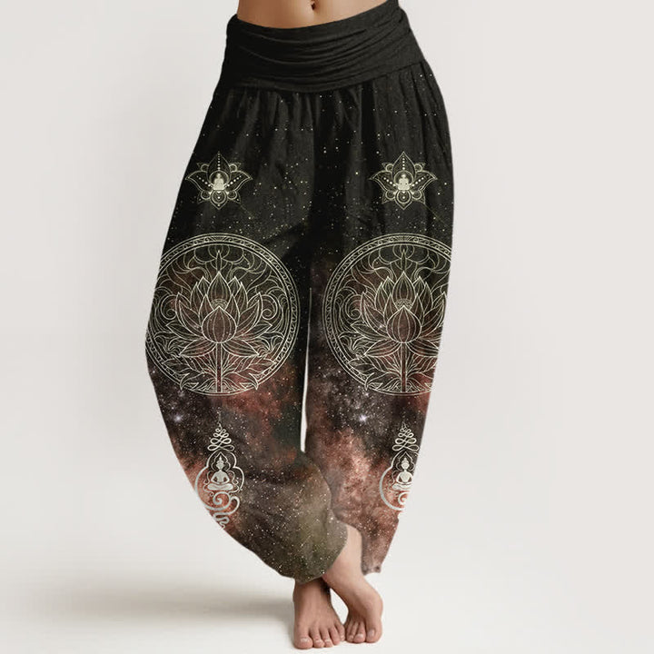 Buddha Stones Pantaloni harem da donna in cotone con motivo mandala di loto celeste e vita elasticizzata. - Marrone sella - US16, UK/AU20, EU48 (3XL) - image 8