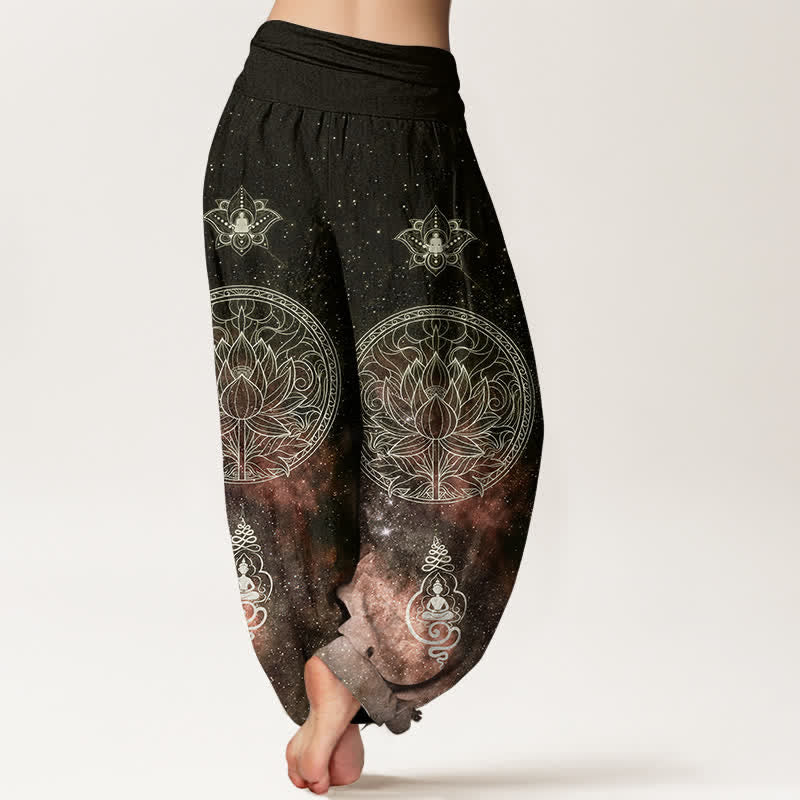 Buddha Stones Pantaloni harem da donna in cotone con motivo mandala di loto celeste e vita elasticizzata. - image 9