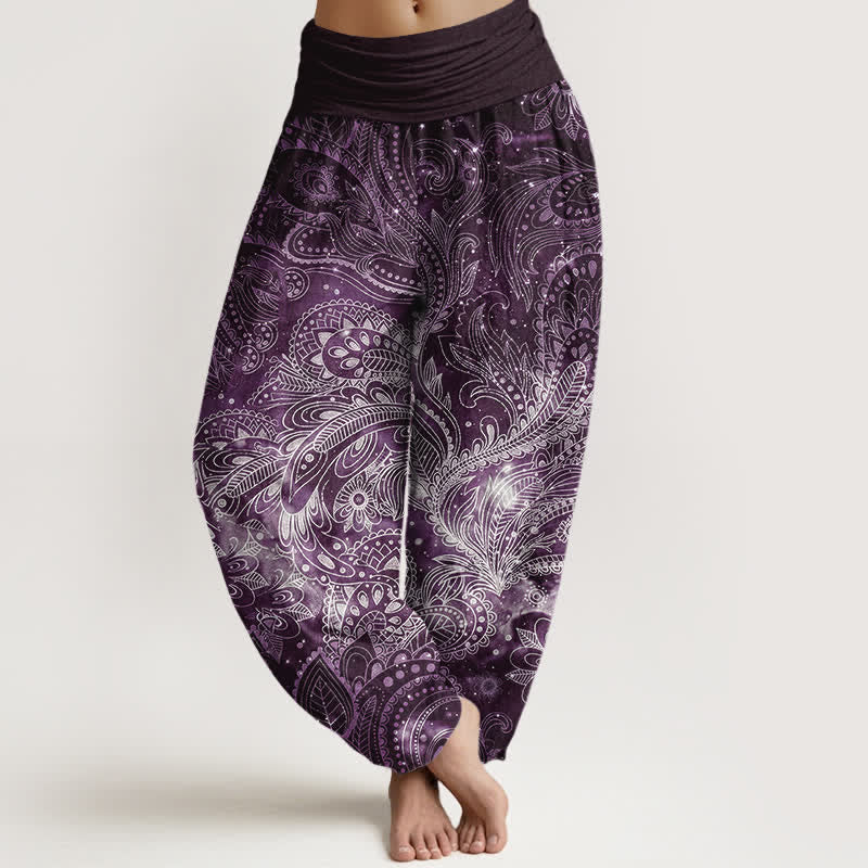Buddha Stones Pantaloni harem da donna in puro cotone con elegante motivo paisley e elastico in vita. - Viola - US16, UK/AU20, EU48 (3XL) - image 5