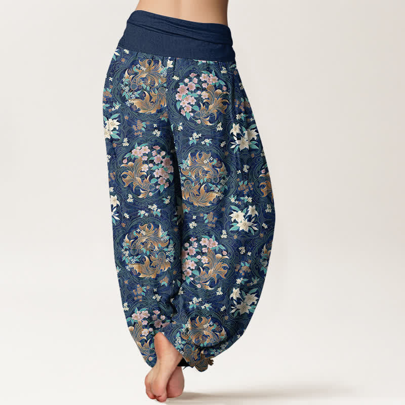 Buddha Stones Pantaloni harem da donna in puro cotone con motivo a medaglione floreale e vita elasticizzata. - image 1