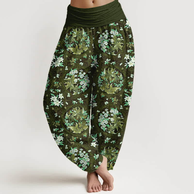 Buddha Stones Pantaloni harem da donna in puro cotone con motivo a medaglione floreale e vita elasticizzata. - Verde oliva scuro - US16, UK/AU20, EU48 (3XL) - image 8
