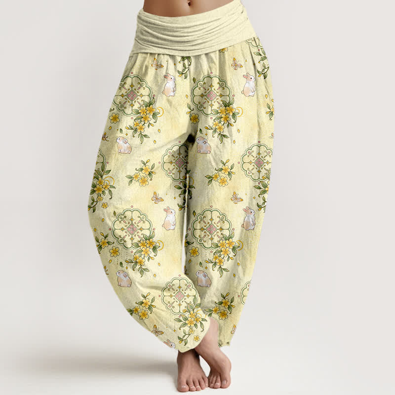 Buddha Stones Pantaloni harem da donna in puro cotone con motivo floreale e coniglietti, vita elasticizzata. - LemonChiffon - US16, UK/AU20, EU48 (3XL) - image 0