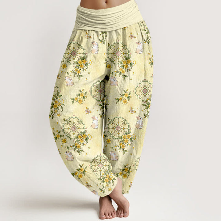 Buddha Stones Pantaloni harem da donna in puro cotone con motivo floreale e coniglietti, vita elasticizzata. - LemonChiffon - US16, UK/AU20, EU48 (3XL) - image 0