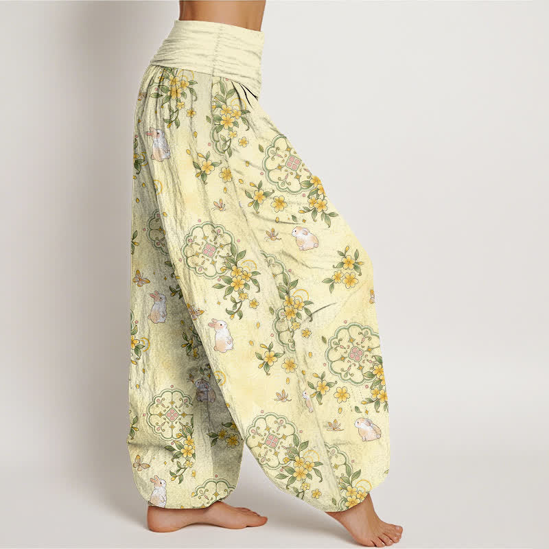 Buddha Stones Pantaloni harem da donna in puro cotone con motivo floreale e coniglietti, vita elasticizzata. - image 2
