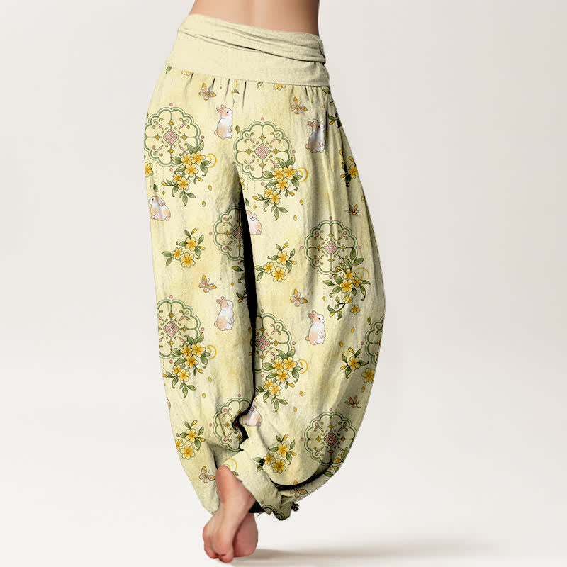 Buddha Stones Pantaloni harem da donna in puro cotone con motivo floreale e coniglietti, vita elasticizzata. - image 1