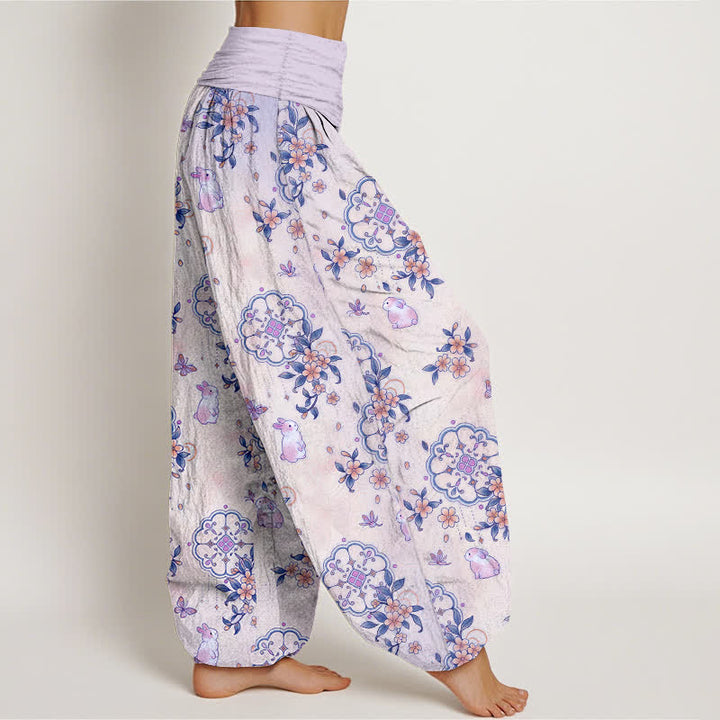 Buddha Stones Pantaloni harem da donna in puro cotone con motivo floreale e coniglietti, vita elasticizzata. - image 7