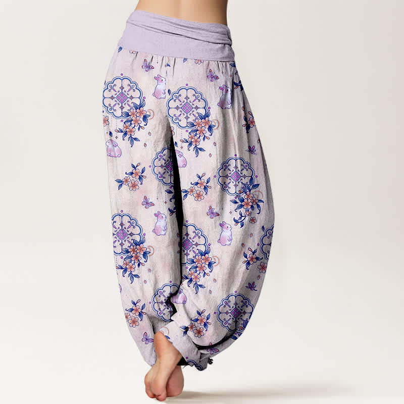 Buddha Stones Pantaloni harem da donna in puro cotone con motivo floreale e coniglietti, vita elasticizzata. - image 6