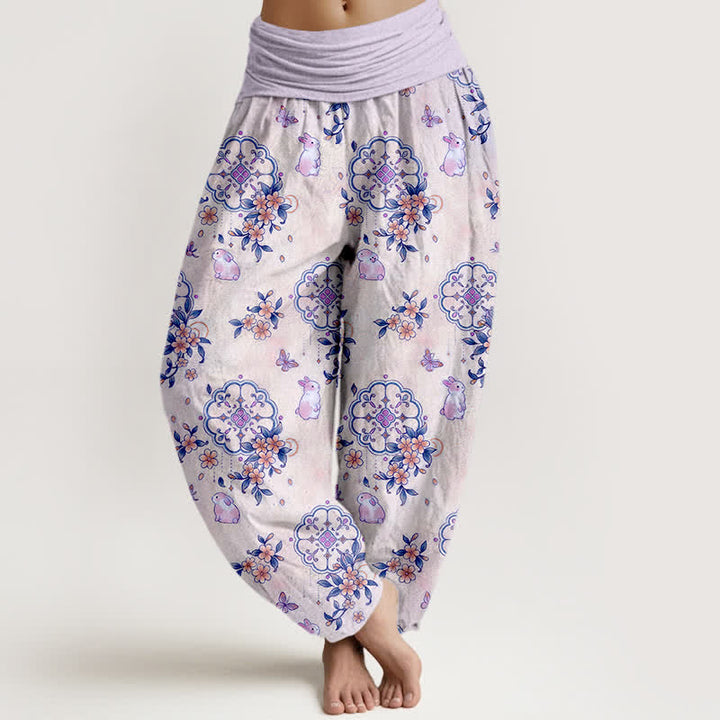 Buddha Stones Pantaloni harem da donna in puro cotone con motivo floreale e coniglietti, vita elasticizzata. - Lavanda - US16, UK/AU20, EU48 (3XL) - image 5