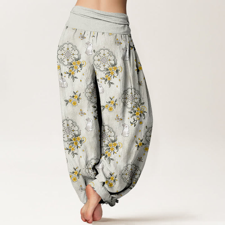 Buddha Stones Pantaloni harem da donna in puro cotone con motivo floreale e coniglietti, vita elasticizzata. - image 9