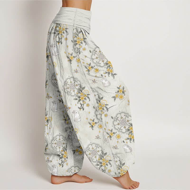 Buddha Stones Pantaloni harem da donna in puro cotone con motivo floreale e coniglietti, vita elasticizzata. - image 10