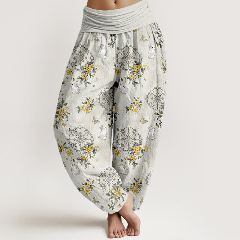 Buddha Stones Pantaloni harem da donna in puro cotone con motivo floreale e coniglietti, vita elasticizzata. - Grigio chiaro - US16, UK/AU20, EU48 (3XL) - image 8