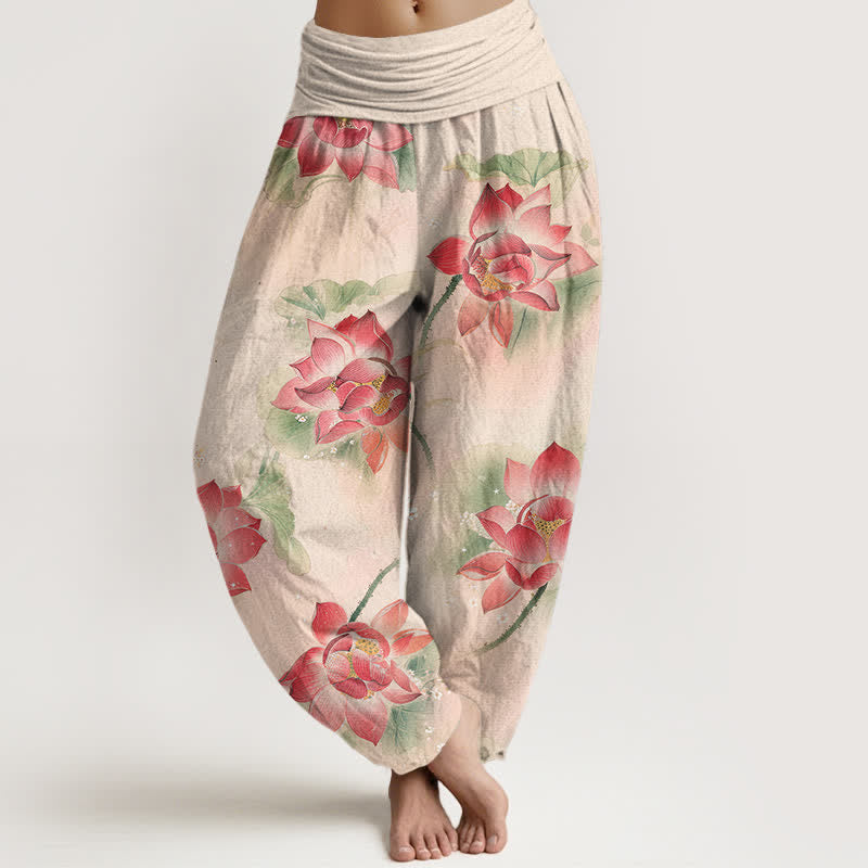 Buddha Stones Pantaloni harem da donna in cotone con motivo a fiori di loto e vita elasticizzata - Biancheria - US16, UK/AU20, EU48 (3XL) - image 0