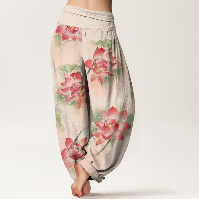 Buddha Stones Pantaloni harem da donna in cotone con motivo a fiori di loto e vita elasticizzata - image 1