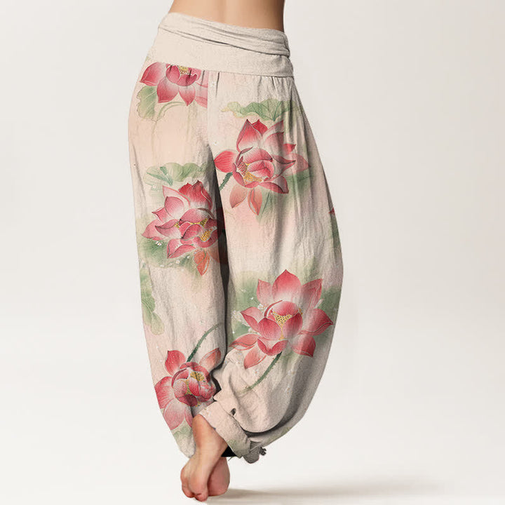 Buddha Stones Pantaloni harem da donna in cotone con motivo a fiori di loto e vita elasticizzata - image 1