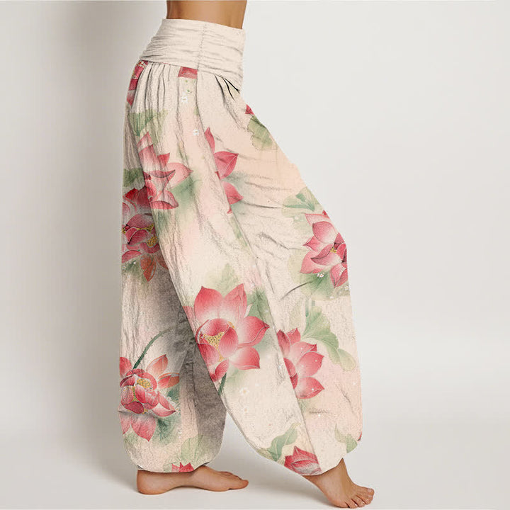 Buddha Stones Pantaloni harem da donna in cotone con motivo a fiori di loto e vita elasticizzata - image 2