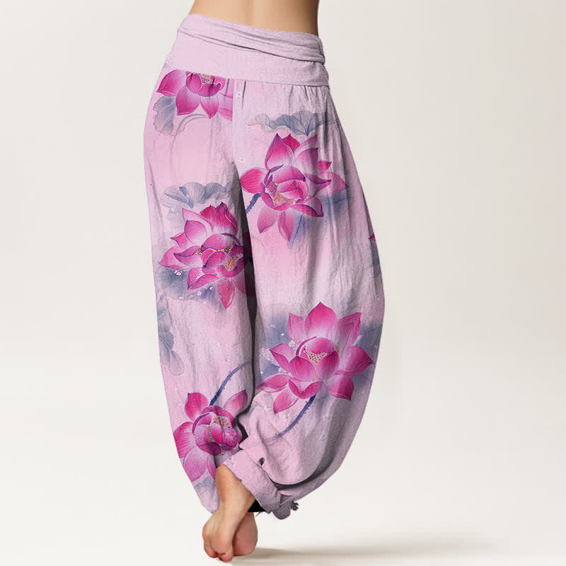 Buddha Stones Pantaloni harem da donna in cotone con motivo a fiori di loto e vita elasticizzata - image 6