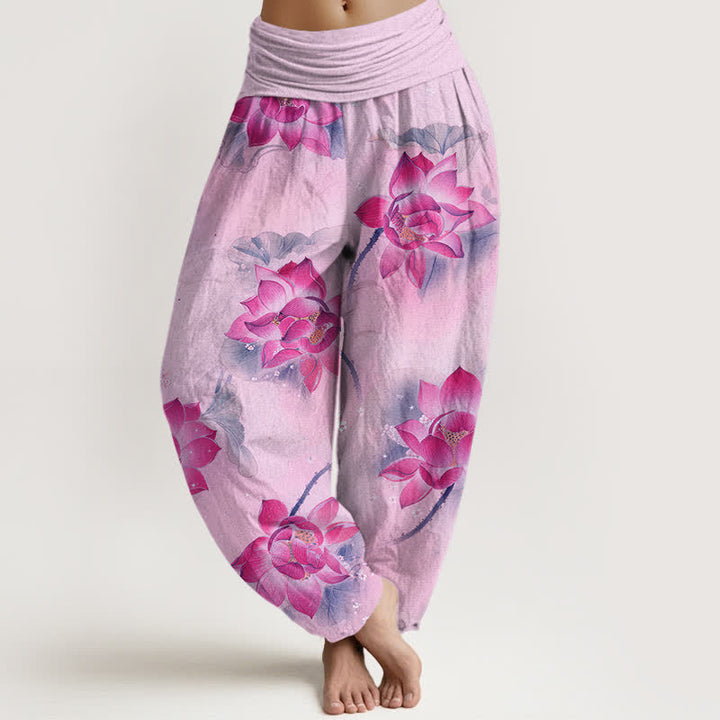 Buddha Stones Pantaloni harem da donna in cotone con motivo a fiori di loto e vita elasticizzata - Prugna - US16, UK/AU20, EU48 (3XL) - image 5