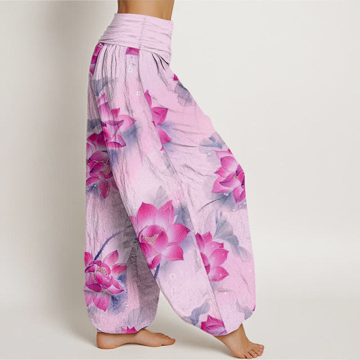 Buddha Stones Pantaloni harem da donna in cotone con motivo a fiori di loto e vita elasticizzata - image 7