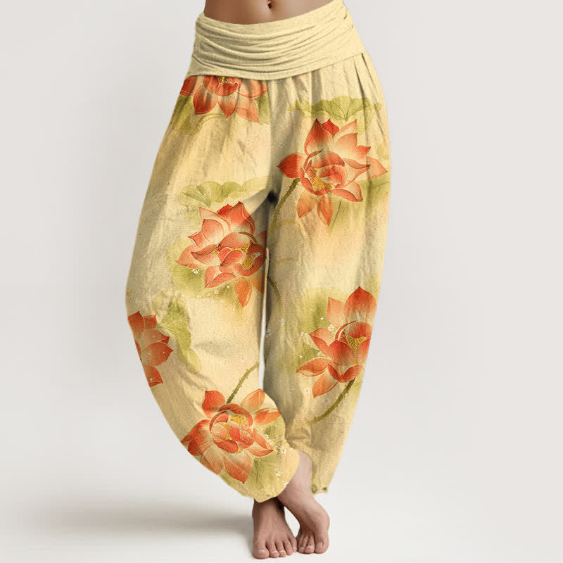 Buddha Stones Pantaloni harem da donna in cotone con motivo a fiori di loto e vita elasticizzata - LemonChiffon - US16, UK/AU20, EU48 (3XL) - image 8