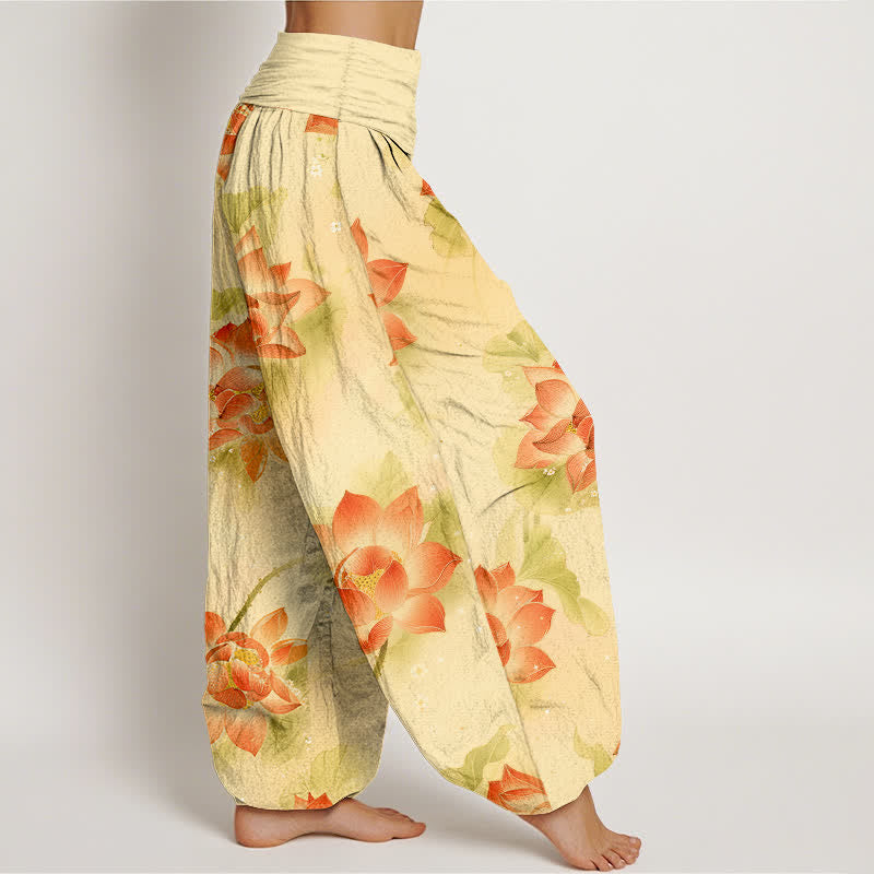 Buddha Stones Pantaloni harem da donna in cotone con motivo a fiori di loto e vita elasticizzata - image 10