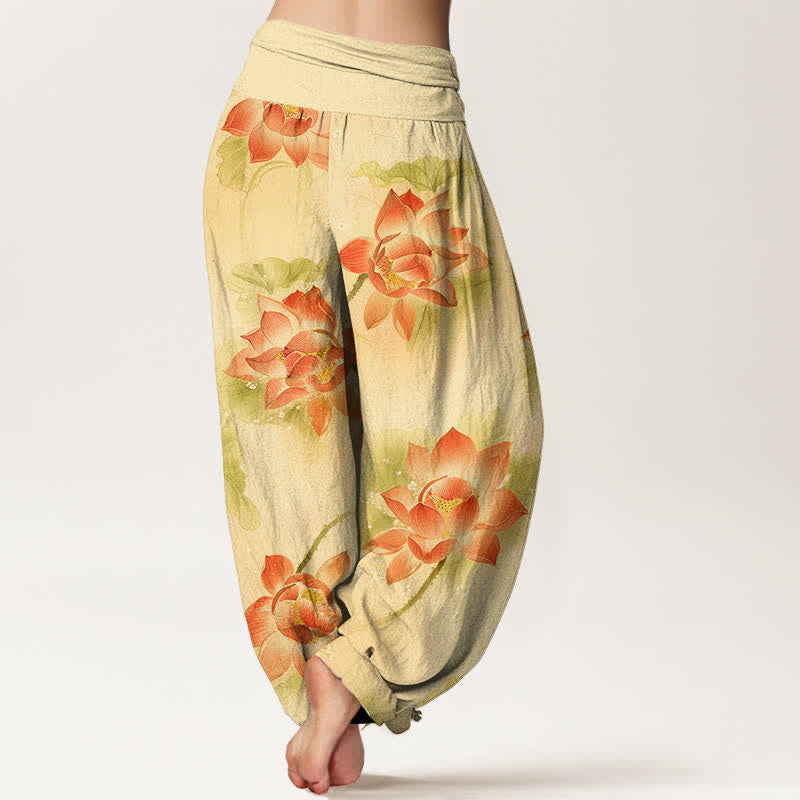 Buddha Stones Pantaloni harem da donna in cotone con motivo a fiori di loto e vita elasticizzata - image 9