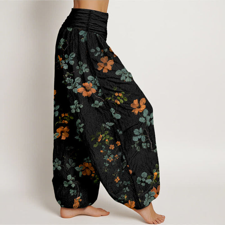 Buddha Stones Pantaloni harem da donna in cotone arancione con fantasia floreale e foglie, vita elasticizzata. - image 2