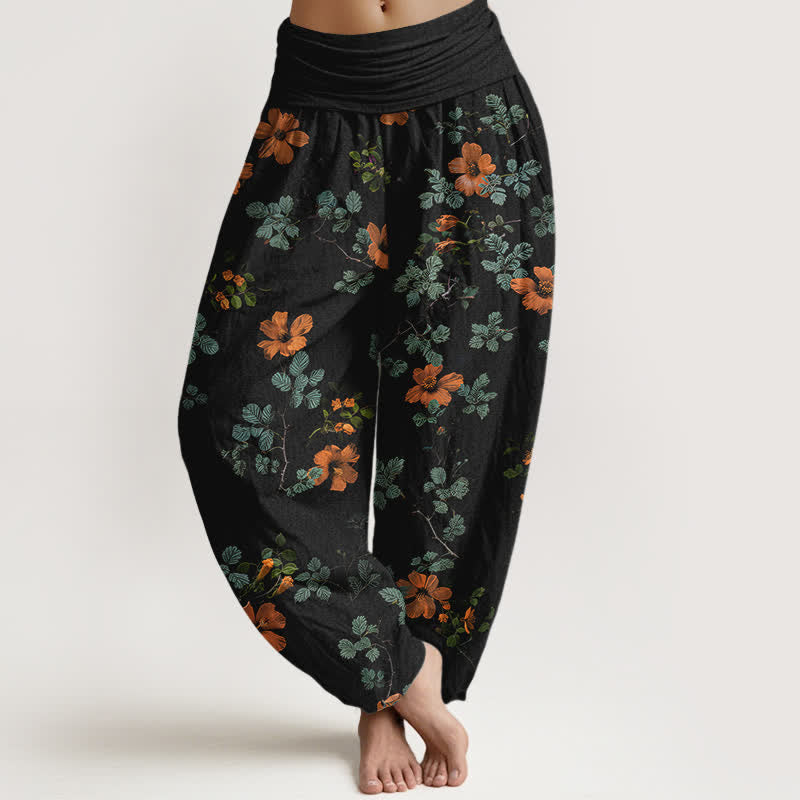 Buddha Stones Pantaloni harem da donna in cotone arancione con fantasia floreale e foglie, vita elasticizzata. - Nero - US16, UK/AU20, EU48 (3XL) - image 0