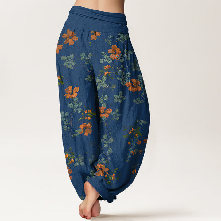 Buddha Stones Pantaloni harem da donna in cotone arancione con fantasia floreale e foglie, vita elasticizzata. - image 6