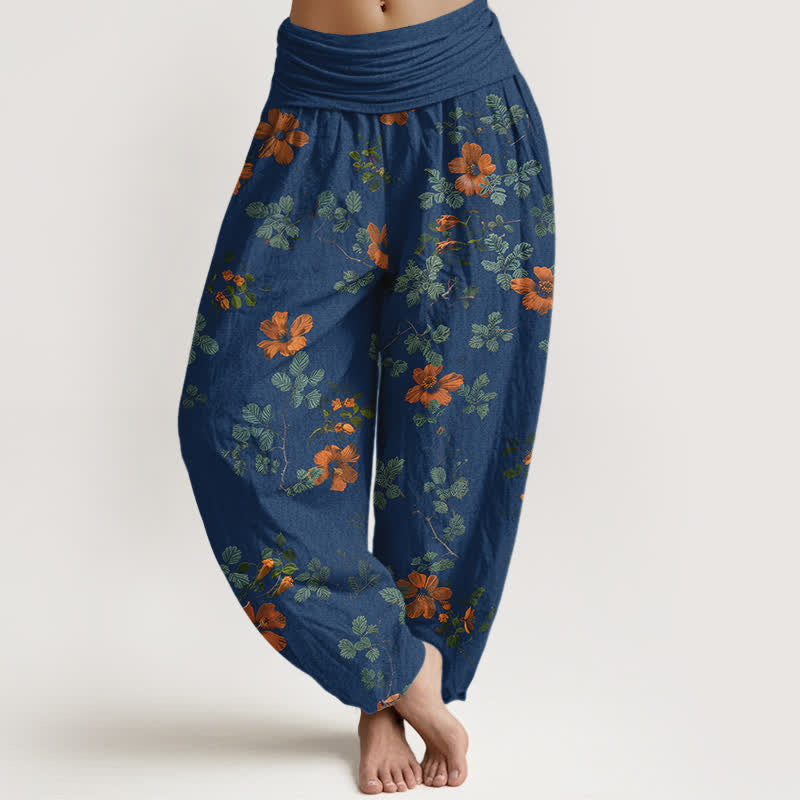 Buddha Stones Pantaloni harem da donna in cotone arancione con fantasia floreale e foglie, vita elasticizzata. - Marina - US16, UK/AU20, EU48 (3XL) - image 5