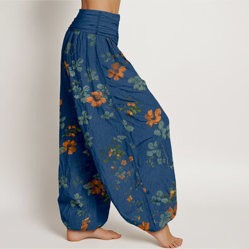 Buddha Stones Pantaloni harem da donna in cotone arancione con fantasia floreale e foglie, vita elasticizzata. - image 7