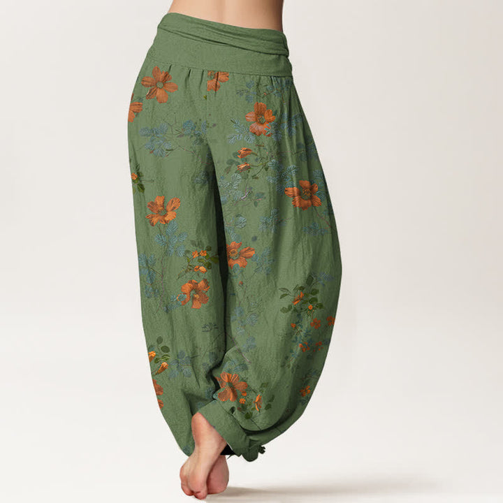 Buddha Stones Pantaloni harem da donna in cotone arancione con fantasia floreale e foglie, vita elasticizzata. - image 9