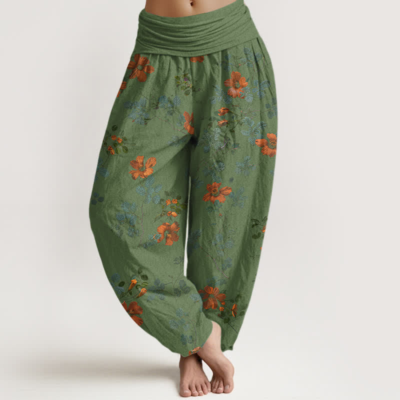 Buddha Stones Pantaloni harem da donna in cotone arancione con fantasia floreale e foglie, vita elasticizzata. - Verde Mare Scuro - US16, UK/AU20, EU48 (3XL) - image 8