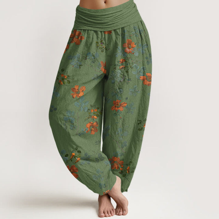 Buddha Stones Pantaloni harem da donna in cotone arancione con fantasia floreale e foglie, vita elasticizzata. - Verde Mare Scuro - US16, UK/AU20, EU48 (3XL) - image 8